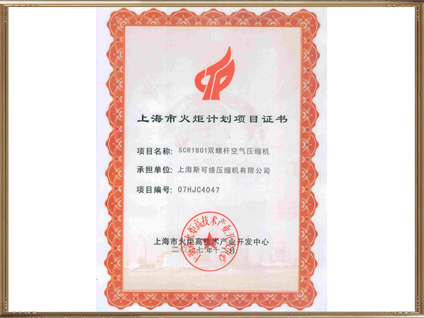 上海市火炬计划项目证书
